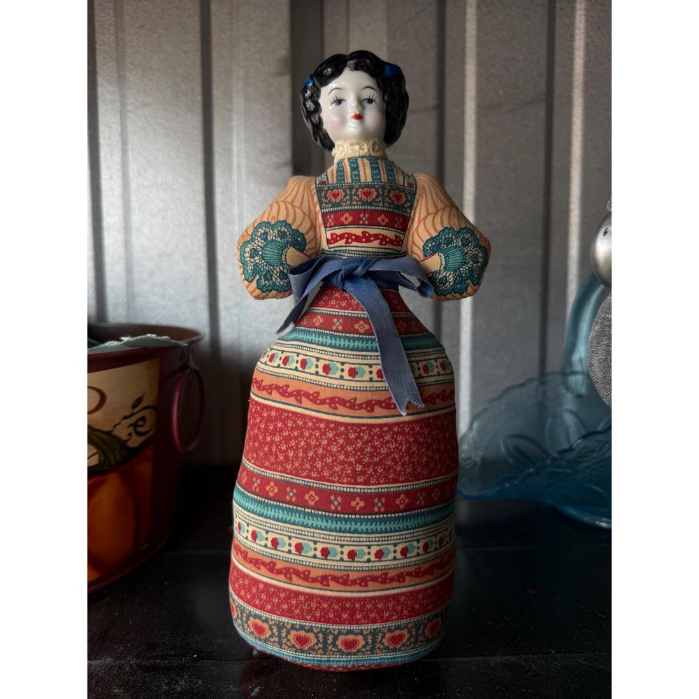 Vintage Early American Heirloom Porcelain Head Cloth Body Calico Doll Decor